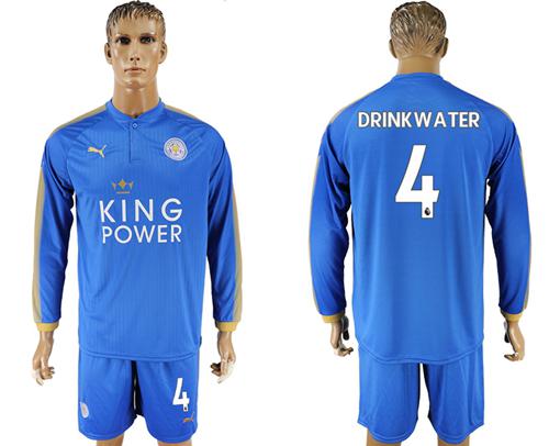 Leicester City #4 Drinkwater Home Long Sleeves Soccer Club Jersey - Click Image to Close